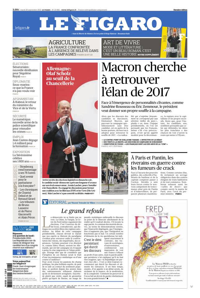 Le Figaro Une du 28 septembre 2021