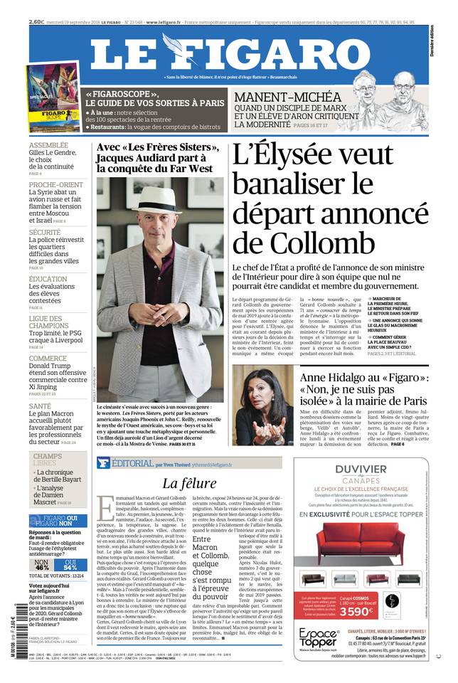Le Figaro Une du 19 septembre 2018