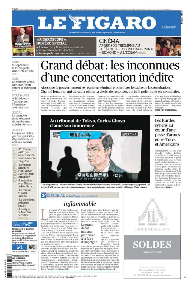 Le Figaro Une du 9 janvier 2019