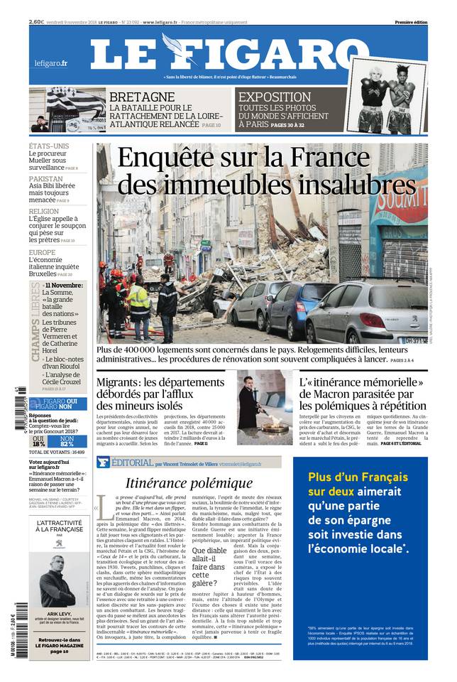 Le Figaro Une du 9 novembre 2018