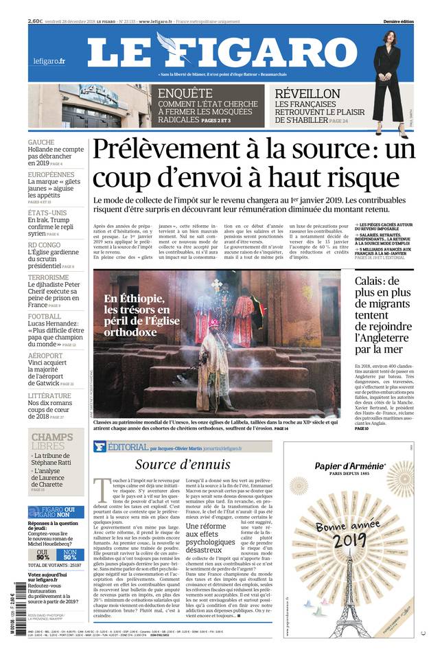 Le Figaro Une du 28 décembre 2018