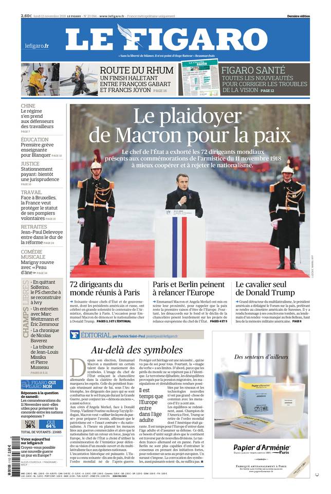 Le Figaro Une du 12 novembre 2018