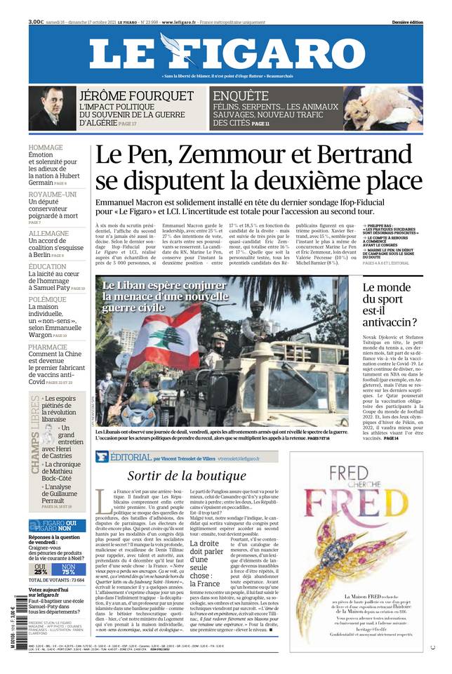 Le Figaro Une du 16 octobre 2021
