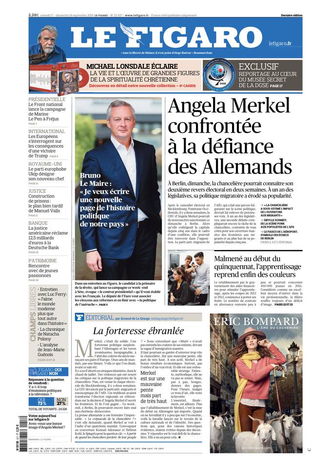 Le Figaro Une du 17 septembre 2016