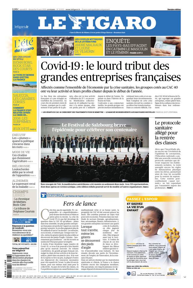 Le Figaro Une du 8 août 2020