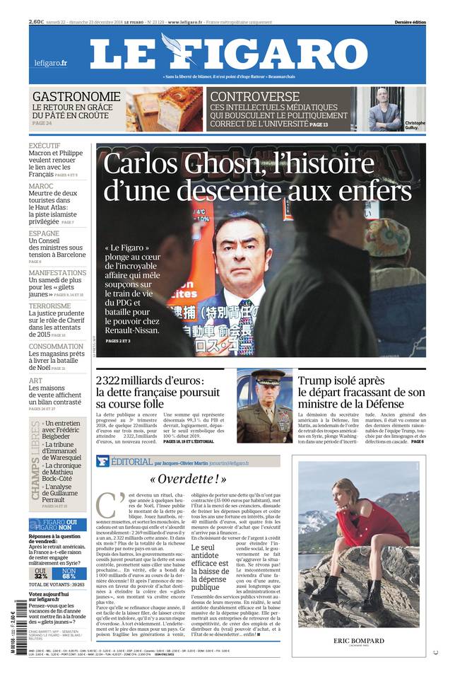Le Figaro Une du 22 décembre 2018