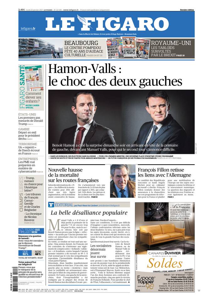 Le Figaro Une du 23 janvier 2017