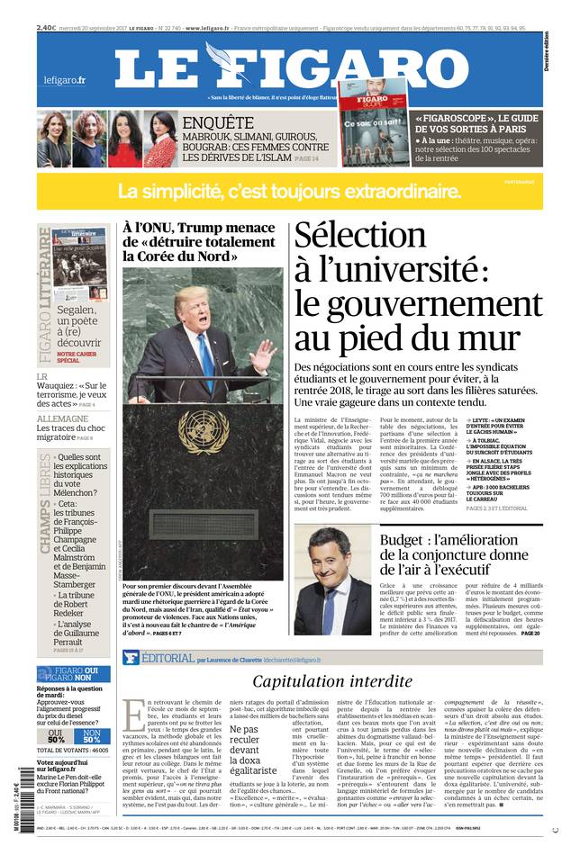 Le Figaro Une du 20 septembre 2017