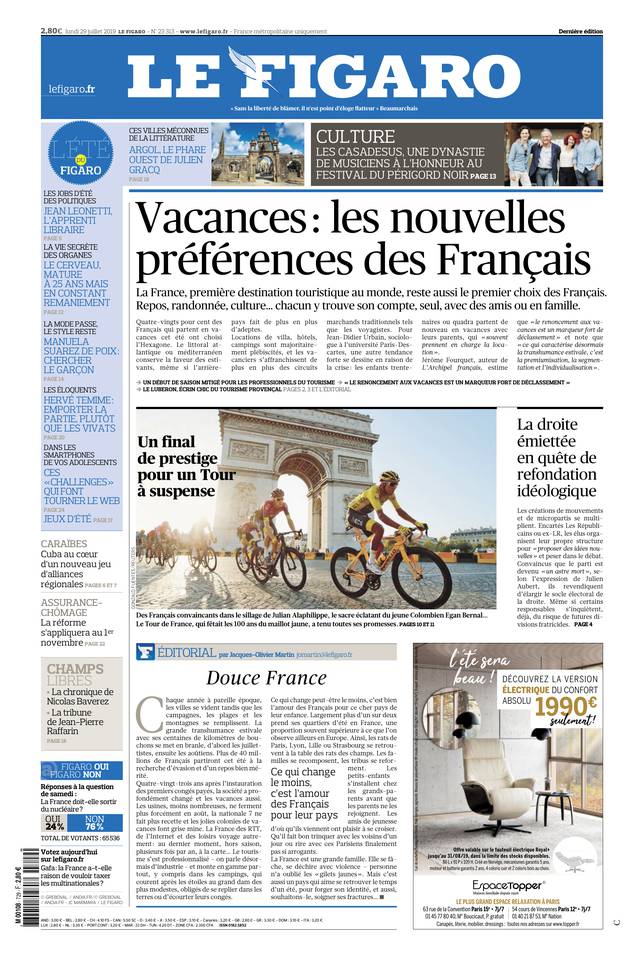 Le Figaro Une du 29 juillet 2019