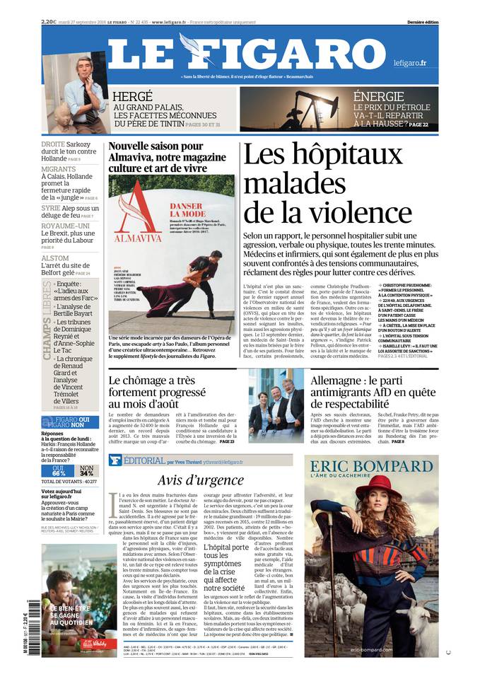 Le Figaro Une du 27 septembre 2016