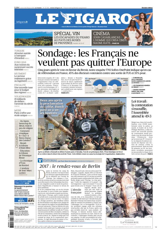 Le Figaro Une du 29 juin 2016