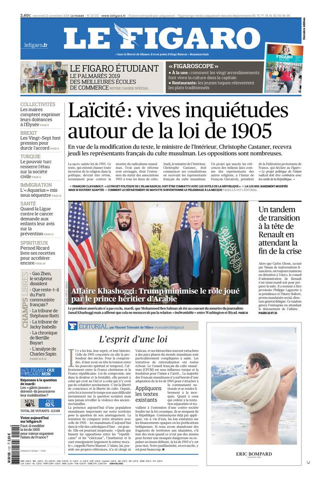 Le Figaro Une du 21 novembre 2018