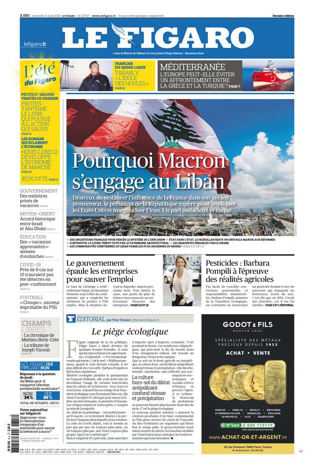 Le Figaro Une du 14 août 2020