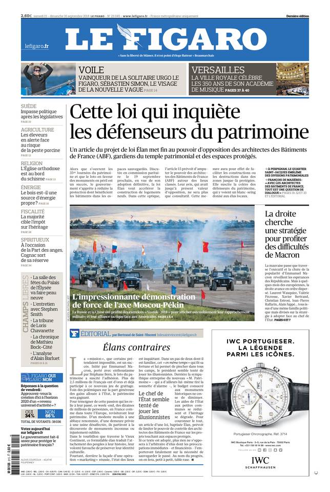 Le Figaro Une du 15 septembre 2018