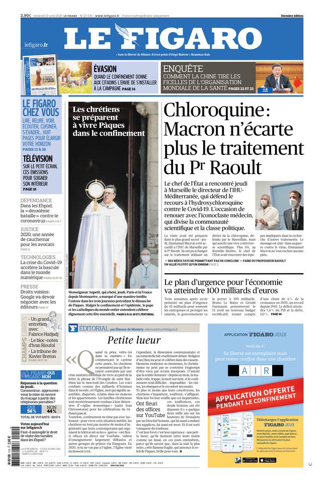 Le Figaro Une du 10 avril 2020