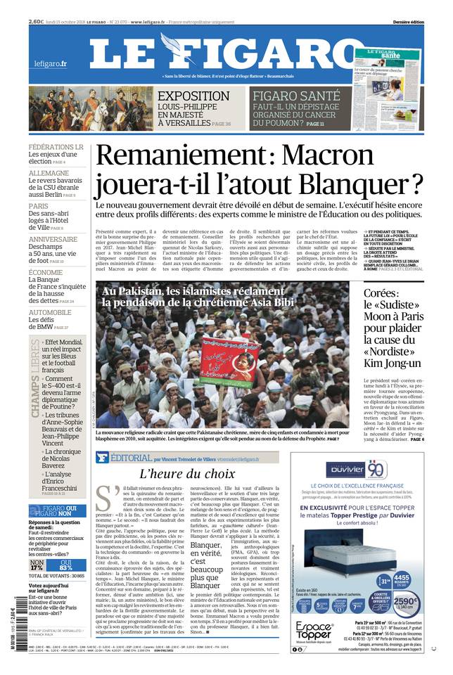 Le Figaro Une du 15 octobre 2018