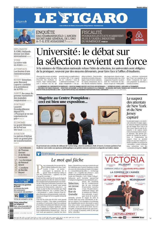 Le Figaro Une du 20 septembre 2016