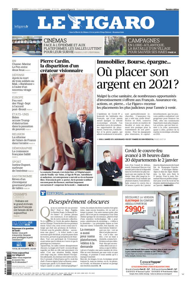 Le Figaro Une du 30 décembre 2020