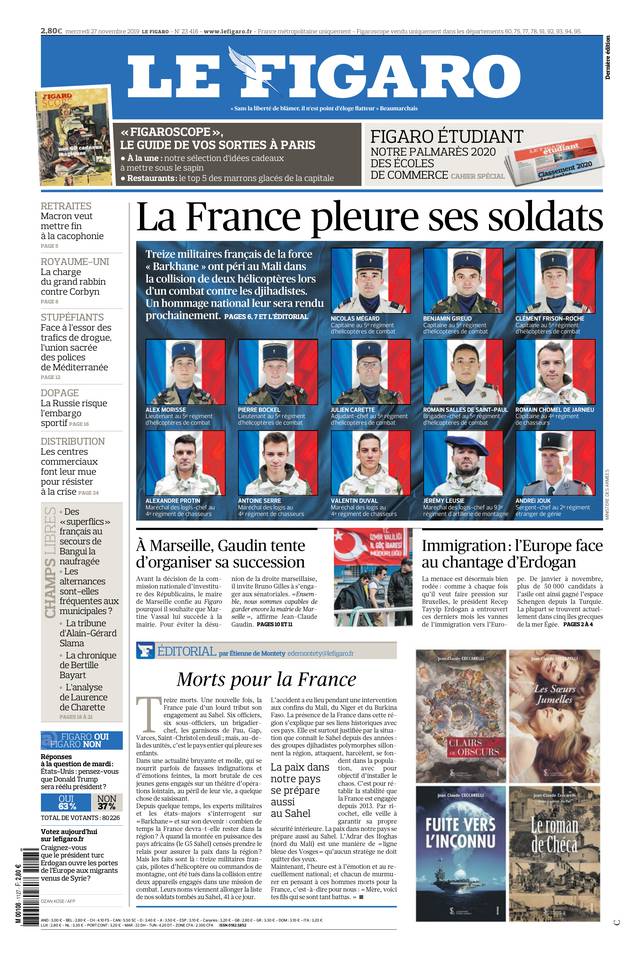 Le Figaro Une du 27 novembre 2019