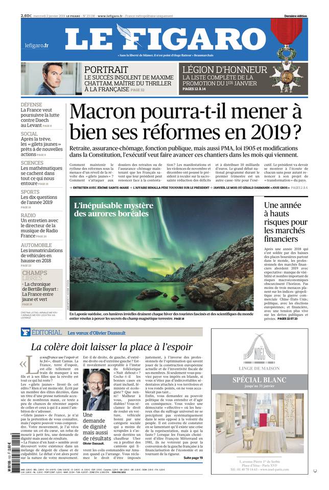 Le Figaro Une du 2 janvier 2019