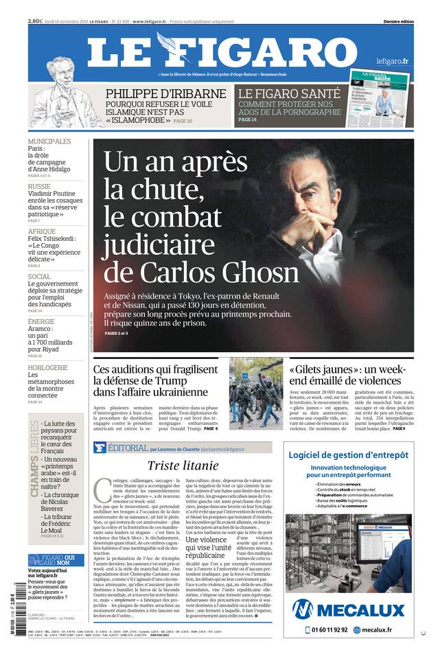 Le Figaro Une du 18 novembre 2019