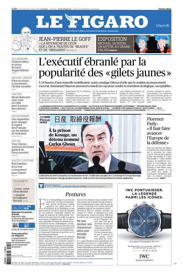 Le Figaro Une du 23 novembre 2018