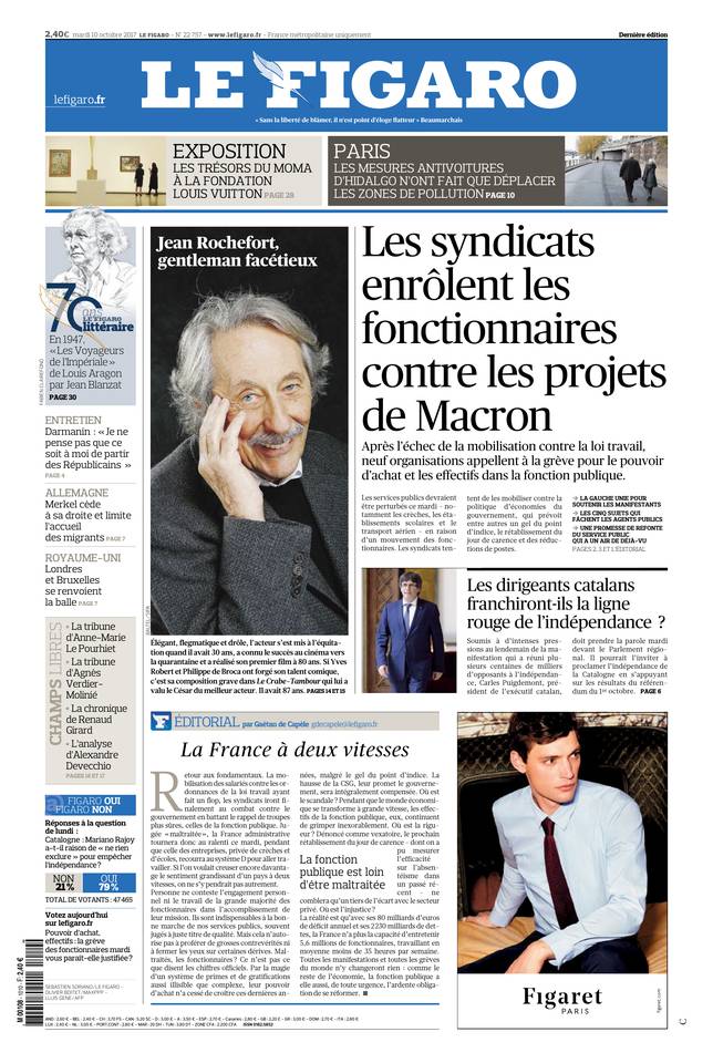 Le Figaro Une du 10 octobre 2017