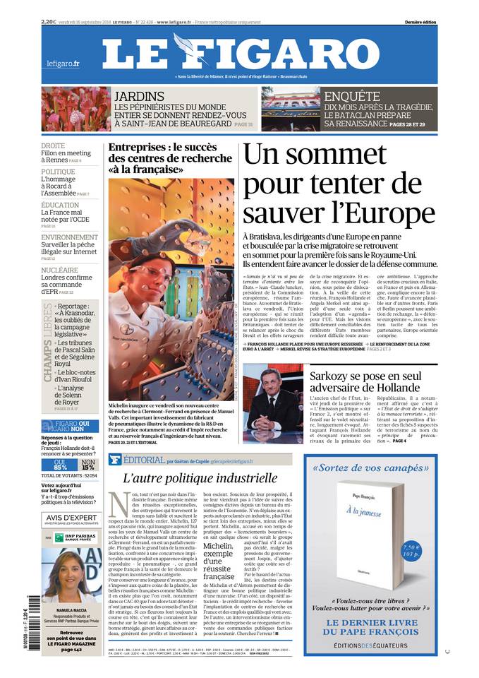 Le Figaro Une du 16 septembre 2016