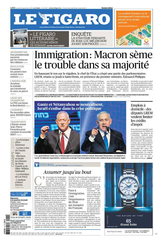 Le Figaro Une du 19 septembre 2019