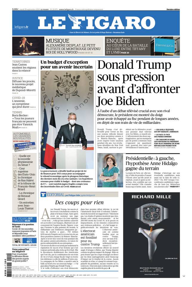 Le Figaro Une du 29 septembre 2020