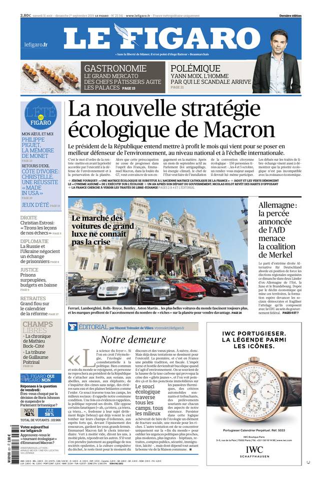 Le Figaro Une du 31 août 2019