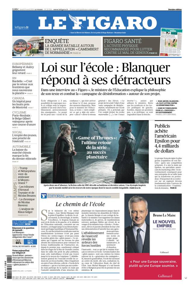 Le Figaro Une du 15 avril 2019