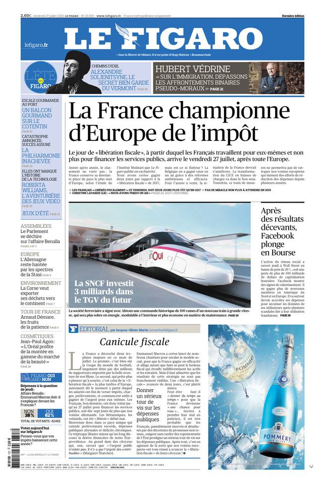 Le Figaro Une du 27 juillet 2018