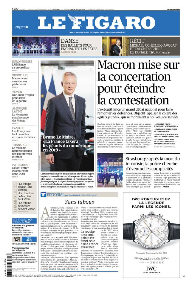 Le Figaro Une du 15 décembre 2018