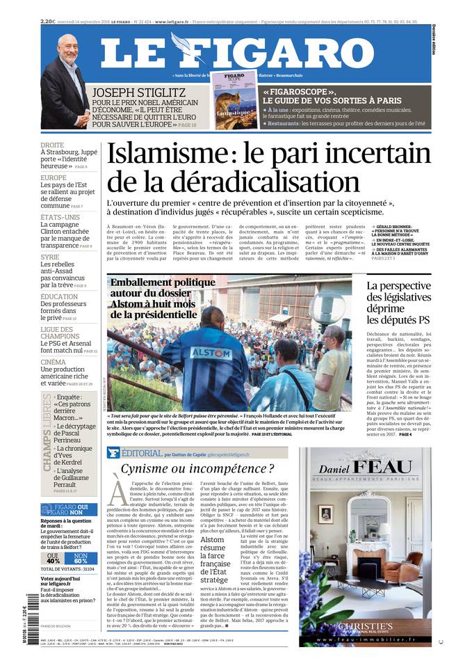Le Figaro Une du 14 septembre 2016