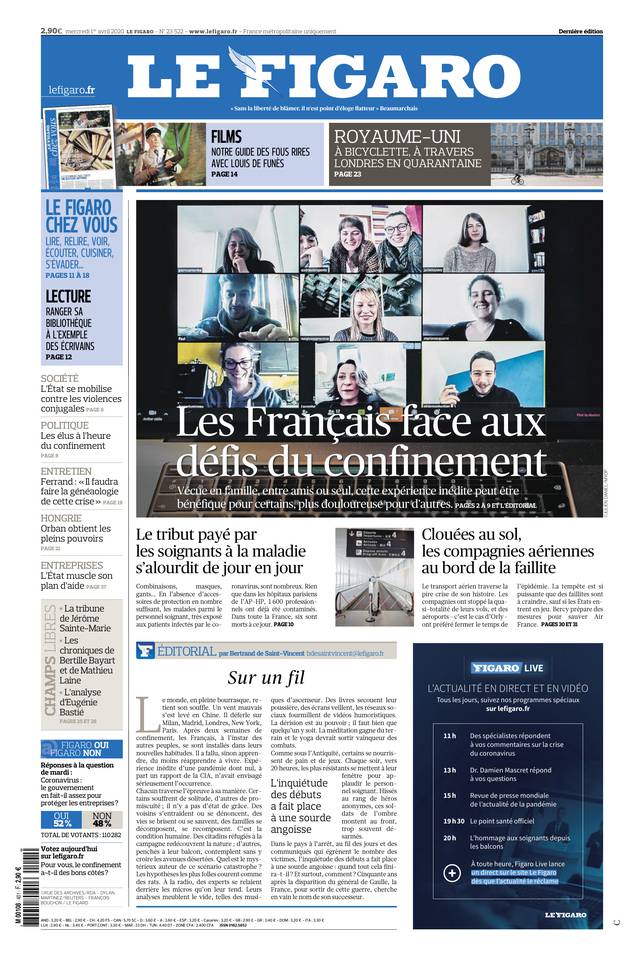 Le Figaro Une du 1 avril 2020