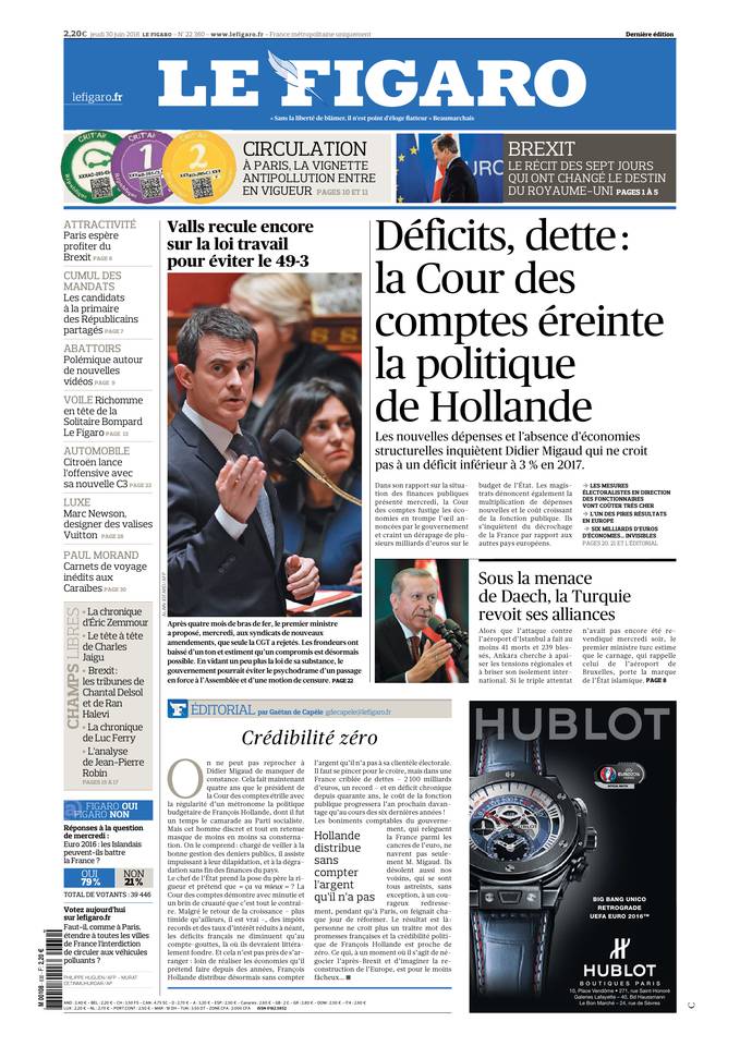 Le Figaro Une du 30 juin 2016