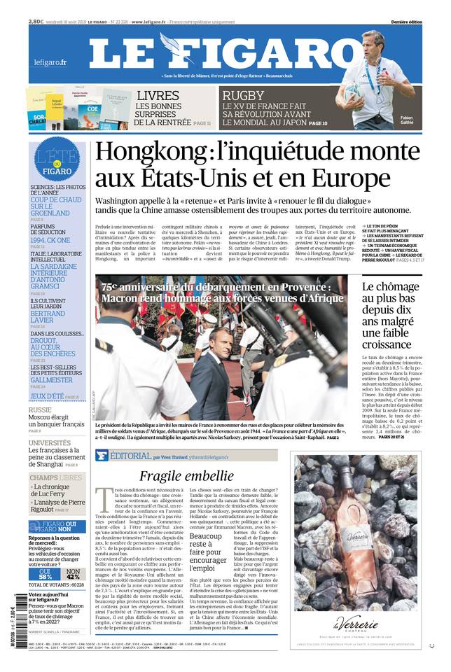 Le Figaro Une du 16 août 2019