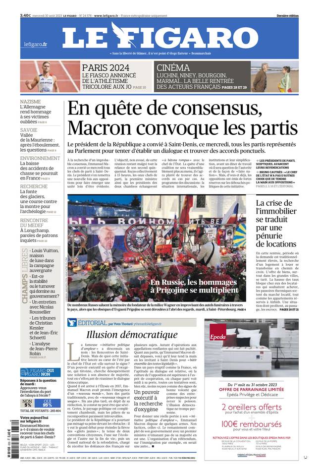 Le Figaro Une du 30 août 2023