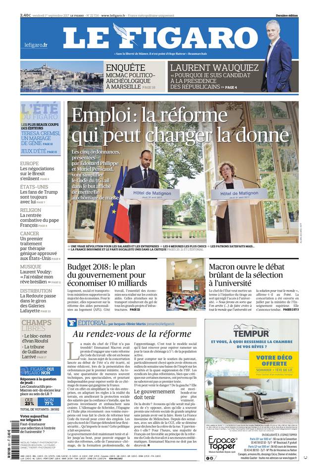 Le Figaro 01 septembre 2017 Le Figaro du 01 septembre 2017 à télécharger sur iPad