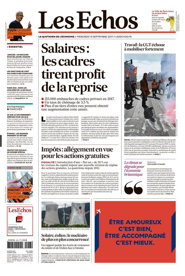 Les Echos 13 septembre 2017 Les Echos du 13 septembre 2017 à télécharger sur iPad
