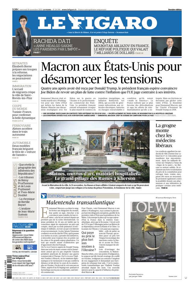 Le Figaro Une du 30 novembre 2022