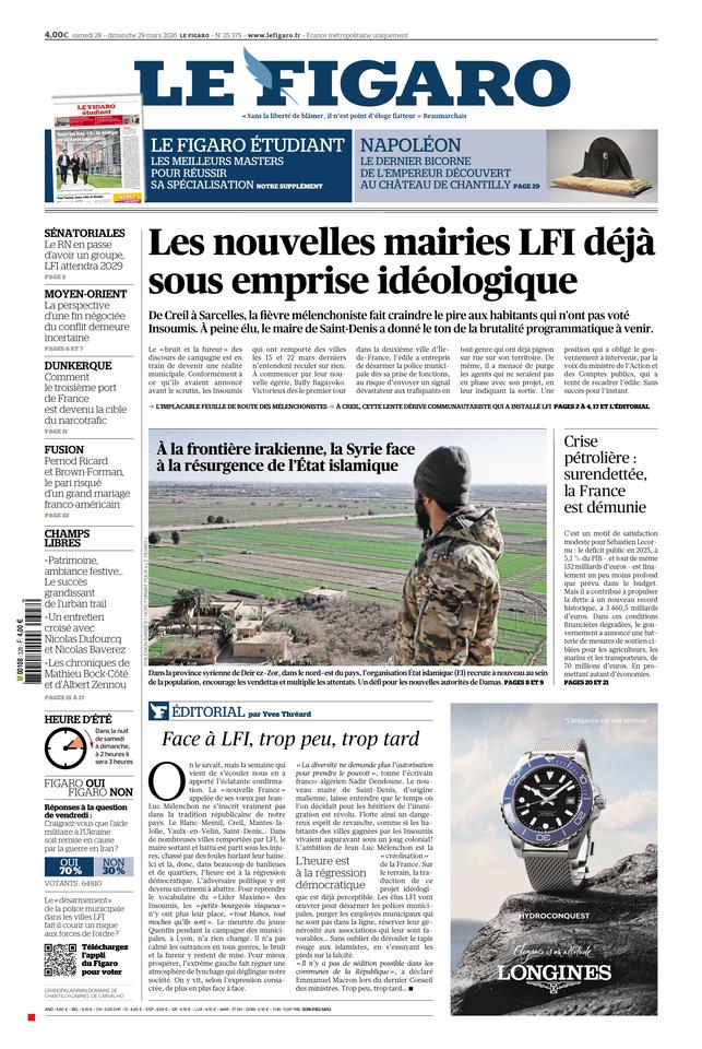 Le Figaro Une du 28 mars 2026