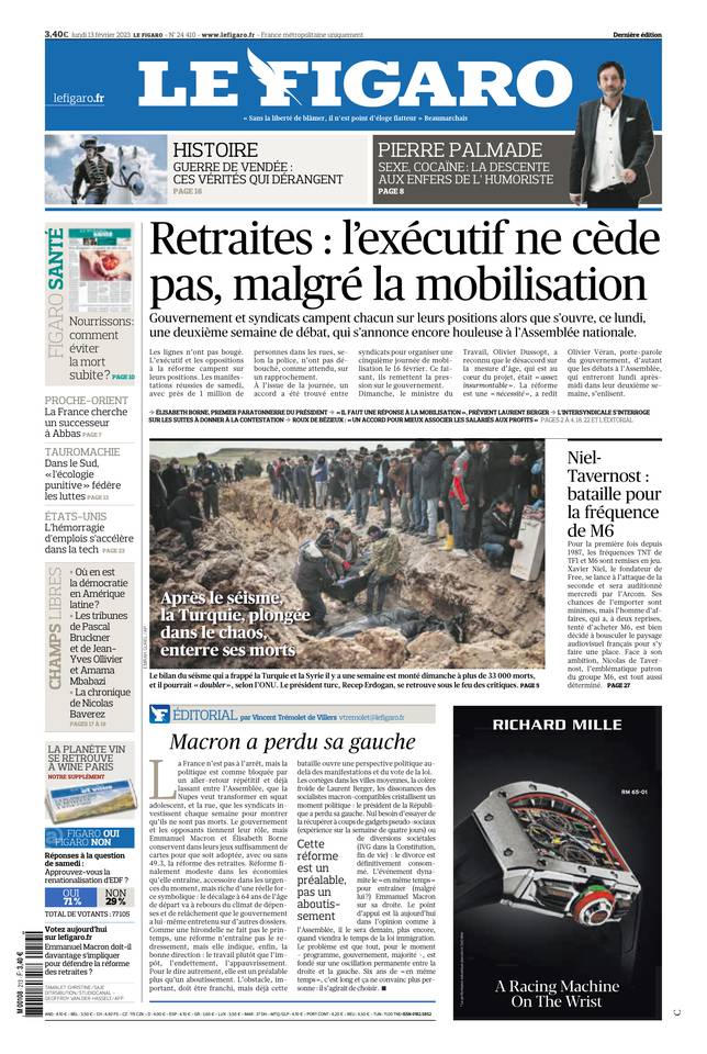 Le Figaro Une du 13 février 2023