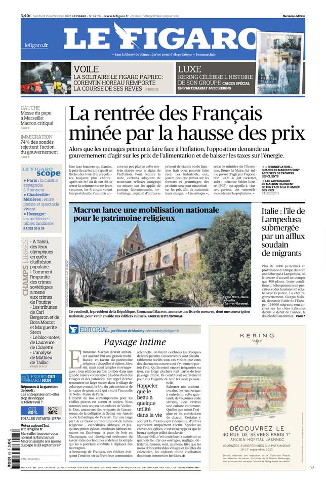 Le Figaro Une du 15 septembre 2023