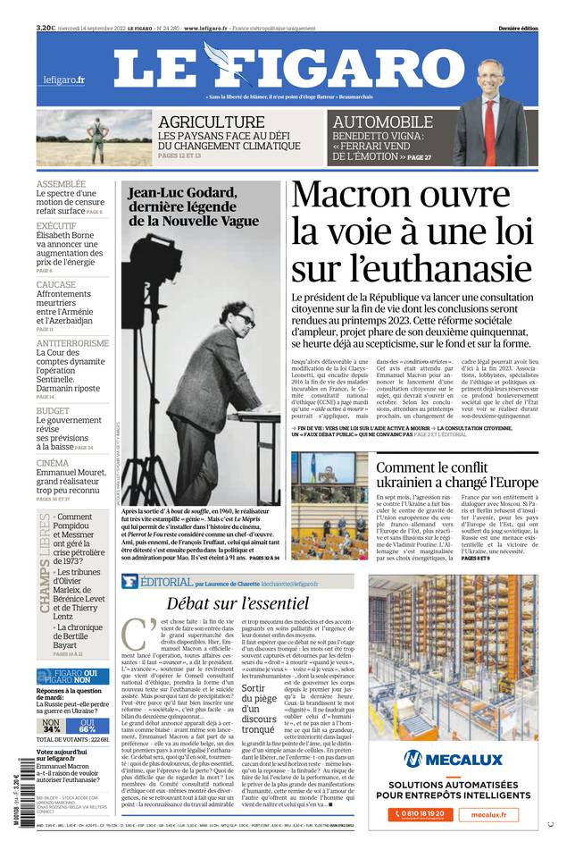 Le Figaro Une du 14 septembre 2022