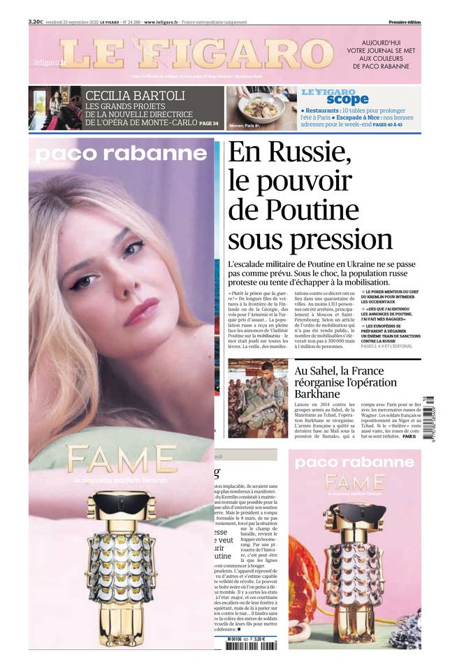 Le Figaro Une du 23 septembre 2022