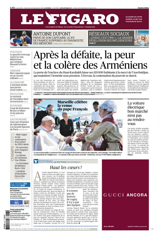 Le Figaro Une du 23 septembre 2023
