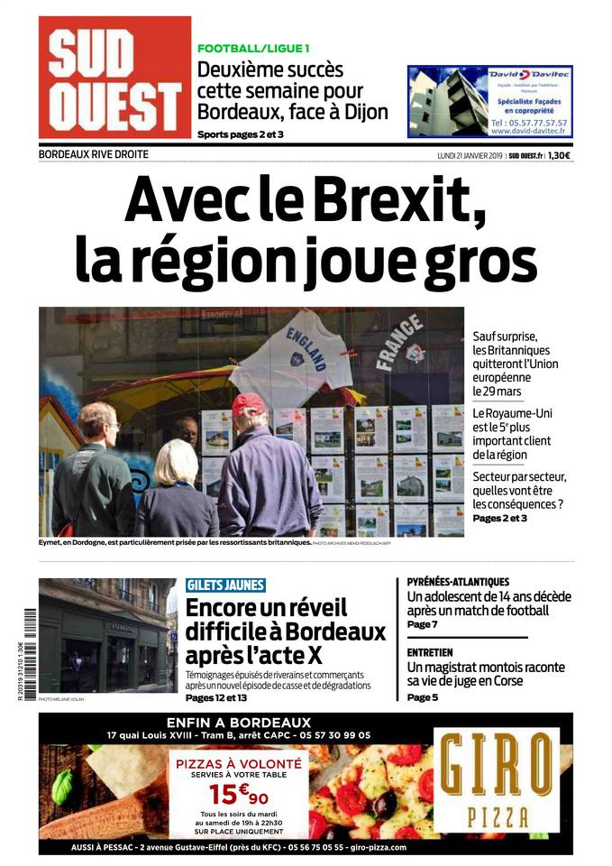 Sud Ouest 21 janvier 2019 Abonnement Sud Ouest Pas Cher avec BOUQUET INFO ePresse.fr