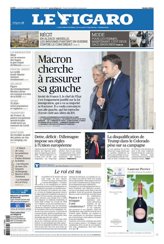 Le Figaro Une du 21 décembre 2023